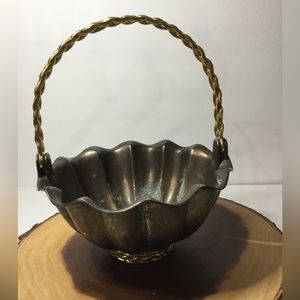 Vintage Heavy Silver Plated Trinket Dish With Braided Brass Handle And Base